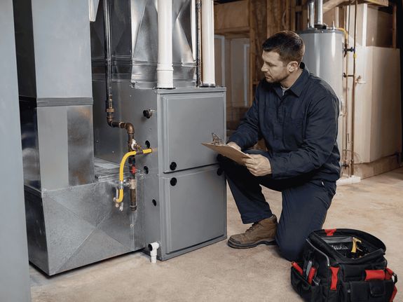 HVAC technician inspecting a residential gas furnace in a basement utility room