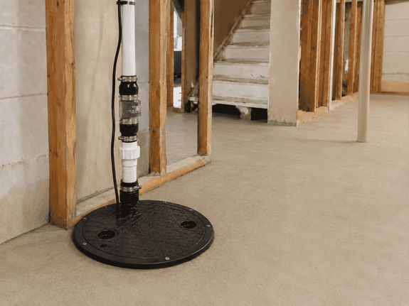 A basement with a sump pump system installed in the floor, adjacent to unfinished walls with exposed wooden studs and a staircase in the background.