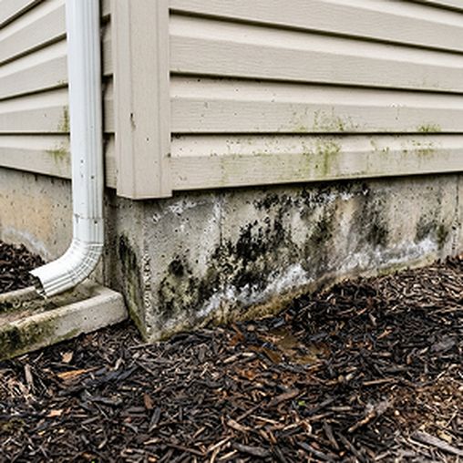 Corner of a house with vinyl siding, a white downspout, and a concrete foundation with visible mold and mildew