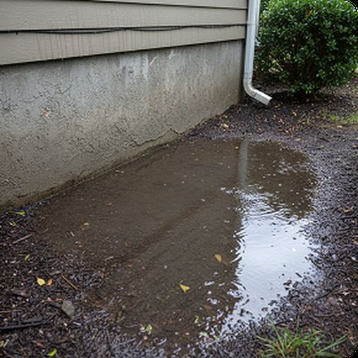 Water pools on the ground near a house with a downspout