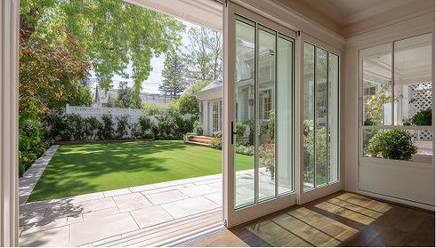 Open sliding patio doors leading to backyard patio