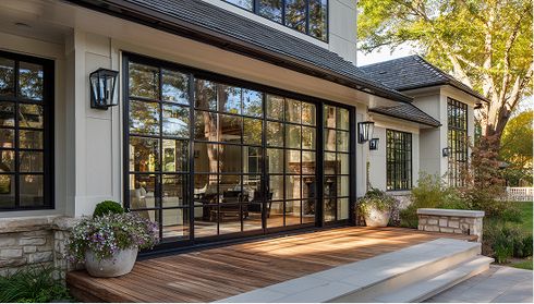 Black-framed sliding patio doors opening to a deck