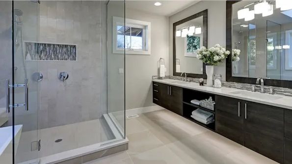 Modern bathroom with glass shower and double vanity