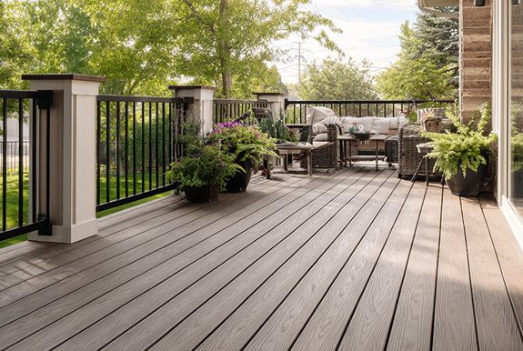 Composite deck with railing and outdoor seating