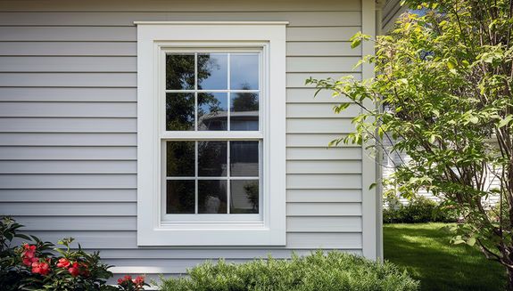 White vinyl double hung window with grilles
