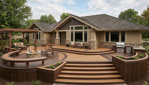 Spacious wooden deck with seating, fire pit, and grill set