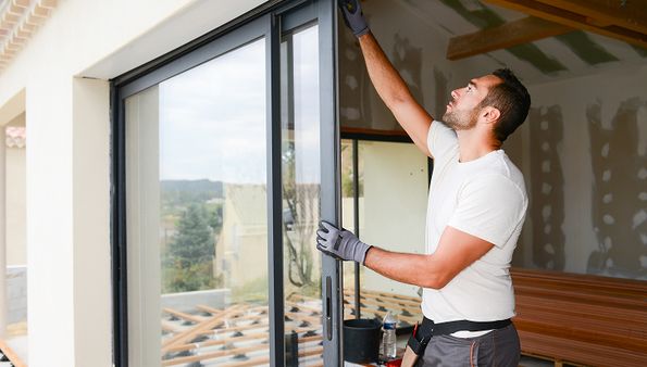 Contractor installing a sliding patio door