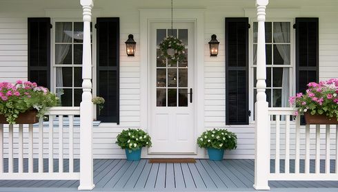 White vinyl siding on a house facade with black shutters and front door