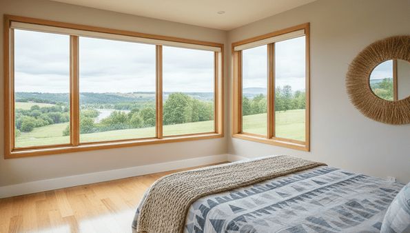 Bright bedroom with large picture windows