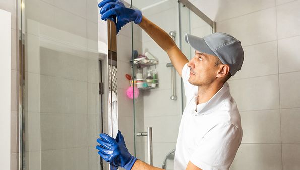 Contractor installing a glass shower door
