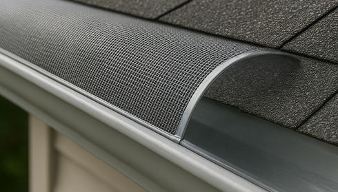 Close-up of a rooftop with a curved metal mesh gutter guard, attached beneath dark asphalt shingles, preventing debris entry.
