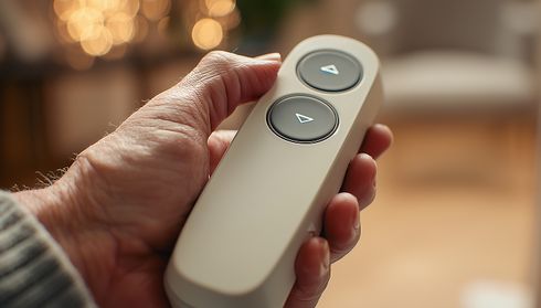 Close-up of a hand holding a beige stairlift remote