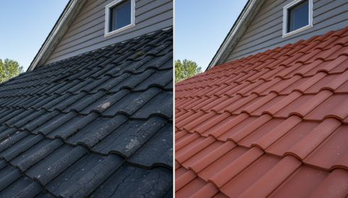 Old tile roof compared with a new red tile roof