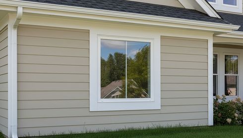 A beige house exterior with a large picture window