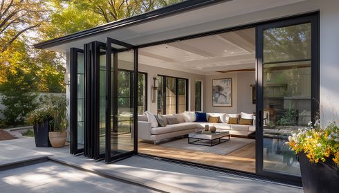Open folding glass patio doors leading to living room