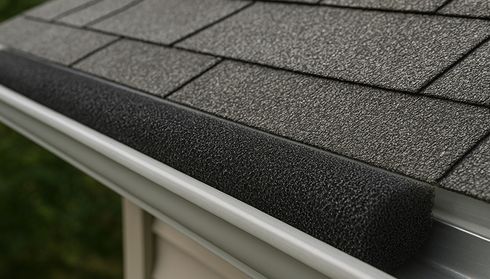 Close-up of a shingled roof with a dark foam insert in the gutter for debris prevention