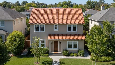 Two-story home with a clay tile roof