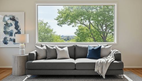 A modern living room with a large picture window