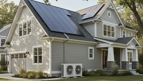 Home with solar panels and outdoor heat pump system