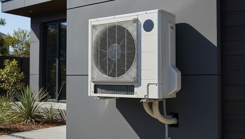 Modern home exterior with wall-mounted heat pump unit