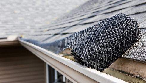 Roof gutter with a black mesh guard partially installed, protecting against debris. House siding is visible on the left.
