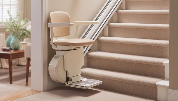 A beige stairlift installed on a carpeted staircase