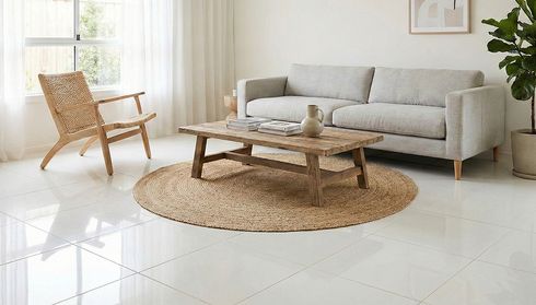 Bright living room with glossy tile flooring