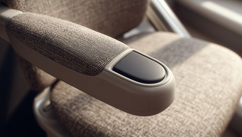 Close-up of a gray fabric-covered armrest with a black control panel, part of a modern chair