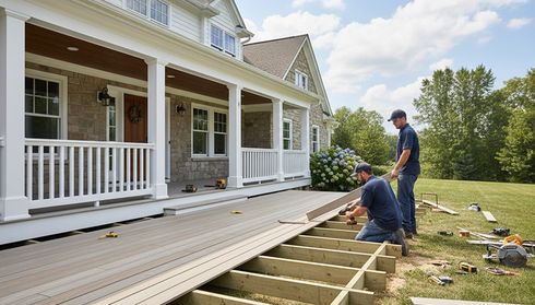 Two men work on constructing a wooden deck in front of a large house