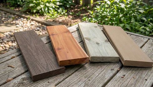 Four wooden planks of different shades displayed on a wooden table