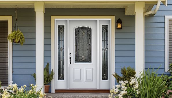 White front door with decorative glass panels