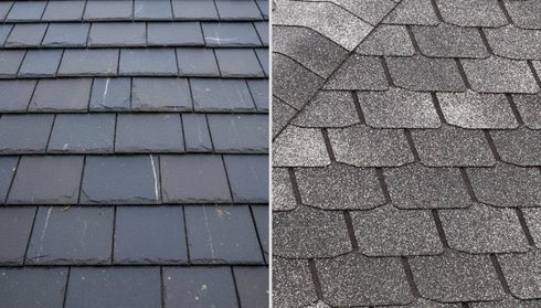 Composite roofing shingles next to traditional asphalt shingles