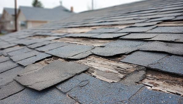 Damaged asphalt shingle roof on a residential home