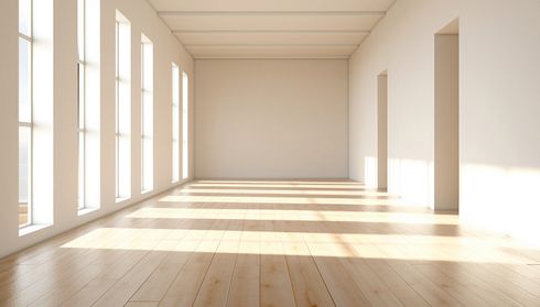 Empty room with light laminate flooring and sunlight