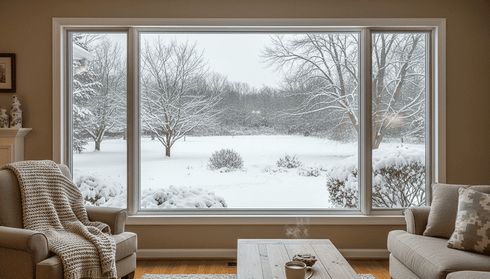 Cozy living room with large picture window view of snowy landscape