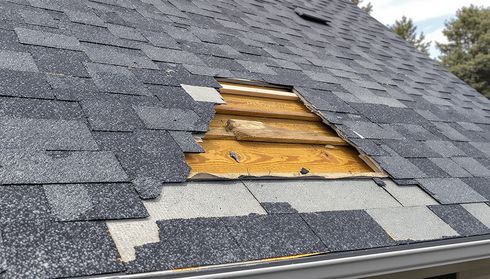 Missing shingles exposing wood roof decking before replacement
