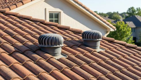 Tile roof with attic ventilation turbines