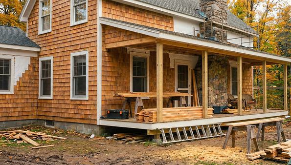House exterior with wood siding and construction materials on the porch