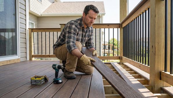 Man installing wooden deck boards
